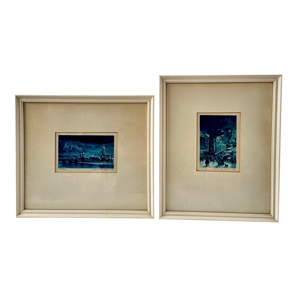 Mid 20th Century Framed Silk Engraving of Nuremberg After Ernst Geissendorfer - Set of 2: Charming Framed Silk delicate engravings: Nuremberg, Germeny scenes. These delicate engravings on silk captures a wintry market & landscape scene. The images are rendered in a striking blue tone, givi