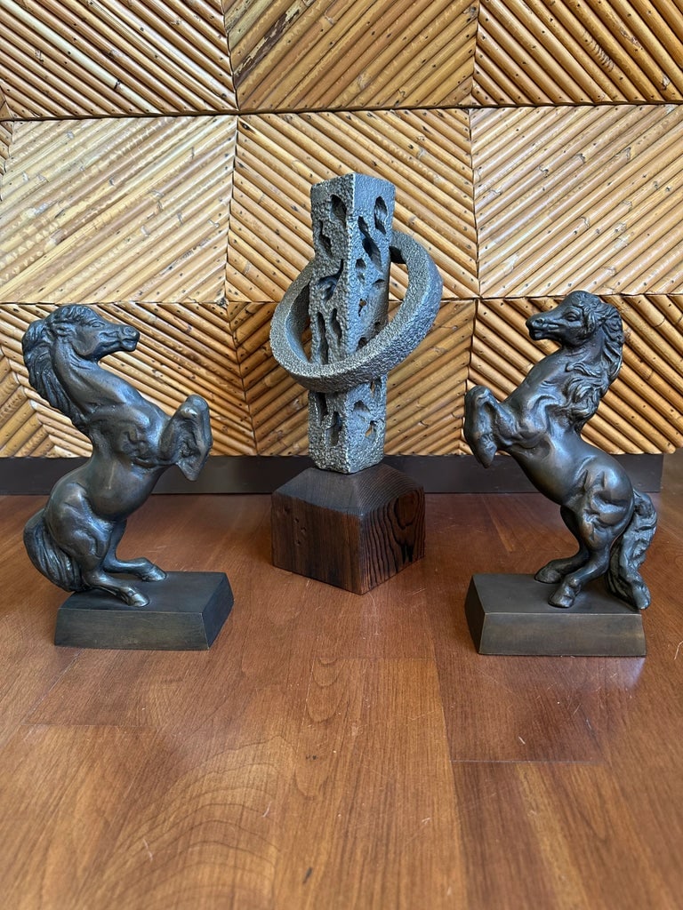 Vintage Signed 13" Hand Hammered Blackwashed Metal Sculpture on Wood Base in a Western Industrial St - 10