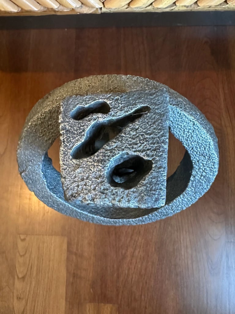 Vintage Signed 13" Hand Hammered Blackwashed Metal Sculpture on Wood Base in a Western Industrial St - 13
