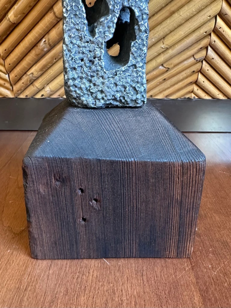 Vintage Signed 13" Hand Hammered Blackwashed Metal Sculpture on Wood Base in a Western Industrial St - 16