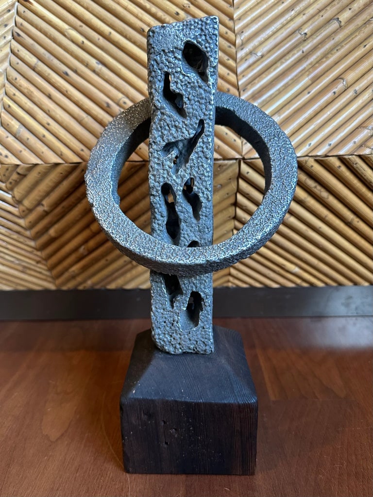 Vintage Signed 13" Hand Hammered Blackwashed Metal Sculpture on Wood Base in a Western Industrial St - 17