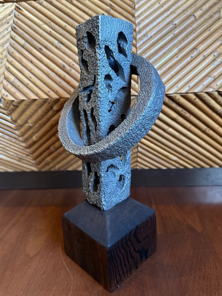 Vintage Signed 13" Hand Hammered Blackwashed Metal Sculpture on Wood Base in a Western Industrial St - 3