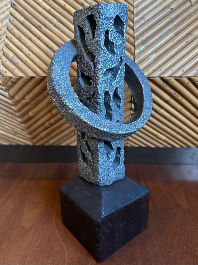 Vintage Signed 13" Hand Hammered Blackwashed Metal Sculpture on Wood Base in a Western Industrial St - 4