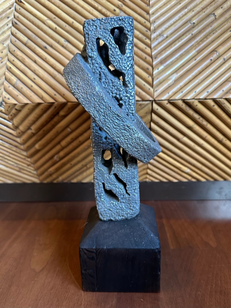 Vintage Signed 13" Hand Hammered Blackwashed Metal Sculpture on Wood Base in a Western Industrial St - 5