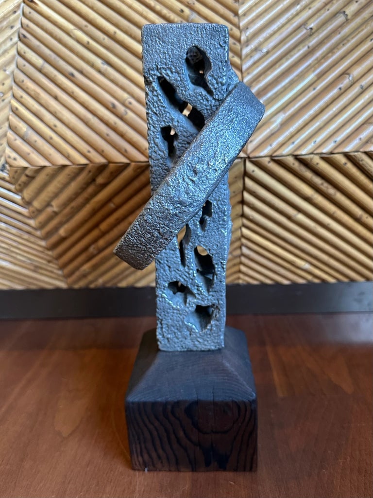 Vintage Signed 13" Hand Hammered Blackwashed Metal Sculpture on Wood Base in a Western Industrial St - 6