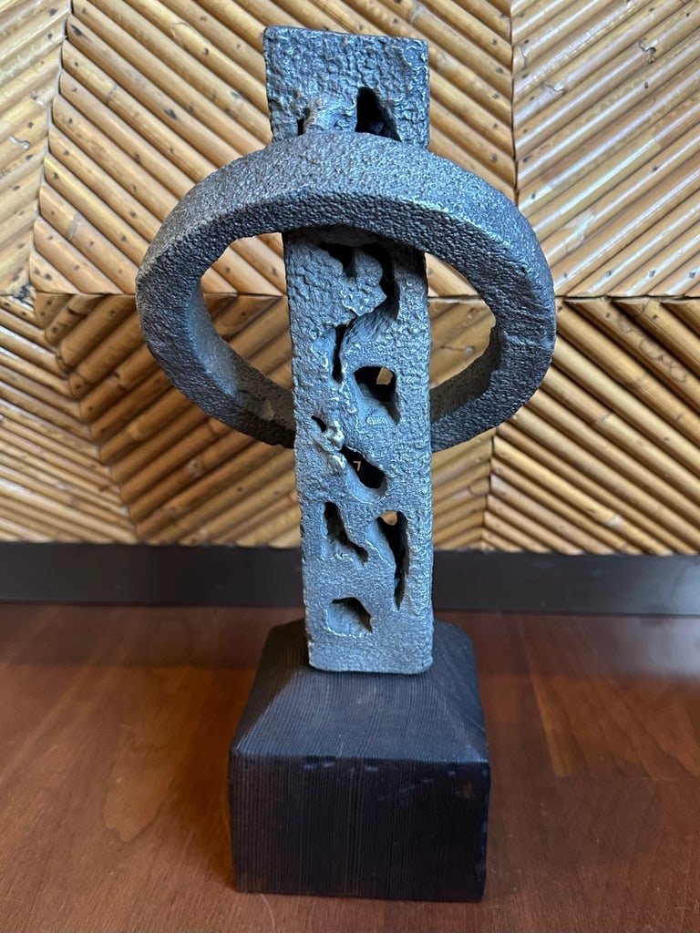 Vintage Signed 13" Hand Hammered Blackwashed Metal Sculpture on Wood Base in a Western Industrial St - 7