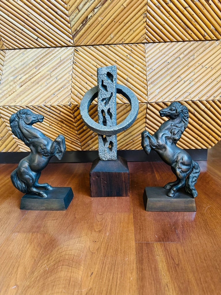 Vintage Signed 13" Hand Hammered Blackwashed Metal Sculpture on Wood Base in a Western Industrial St - 8