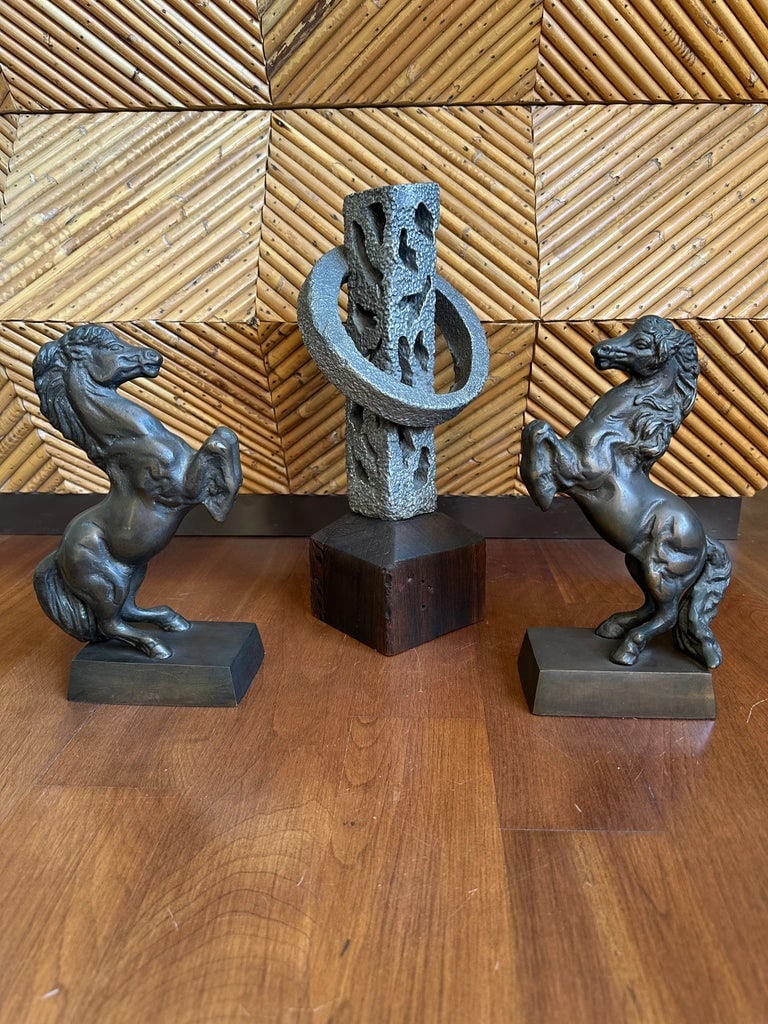 Vintage Signed 13" Hand Hammered Blackwashed Metal Sculpture on Wood Base in a Western Industrial St - 9