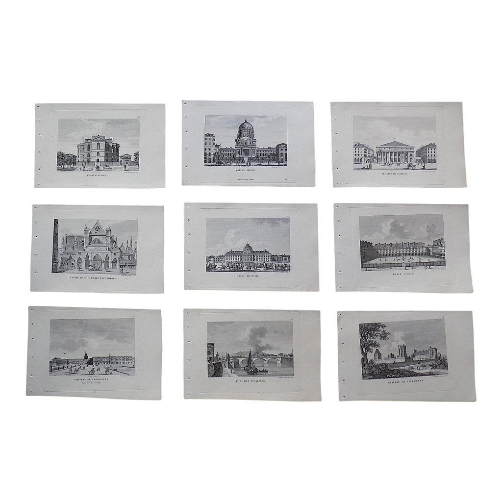 Authentic Antique 19th Century Paris Landmark.Engravings - Set of 9: This set of nine (9) antique 19th century copperplate engravings depict early 19th century architectural views in the city of Paris, France. Printed in the early-mid 19th century on handmade "wove' pa