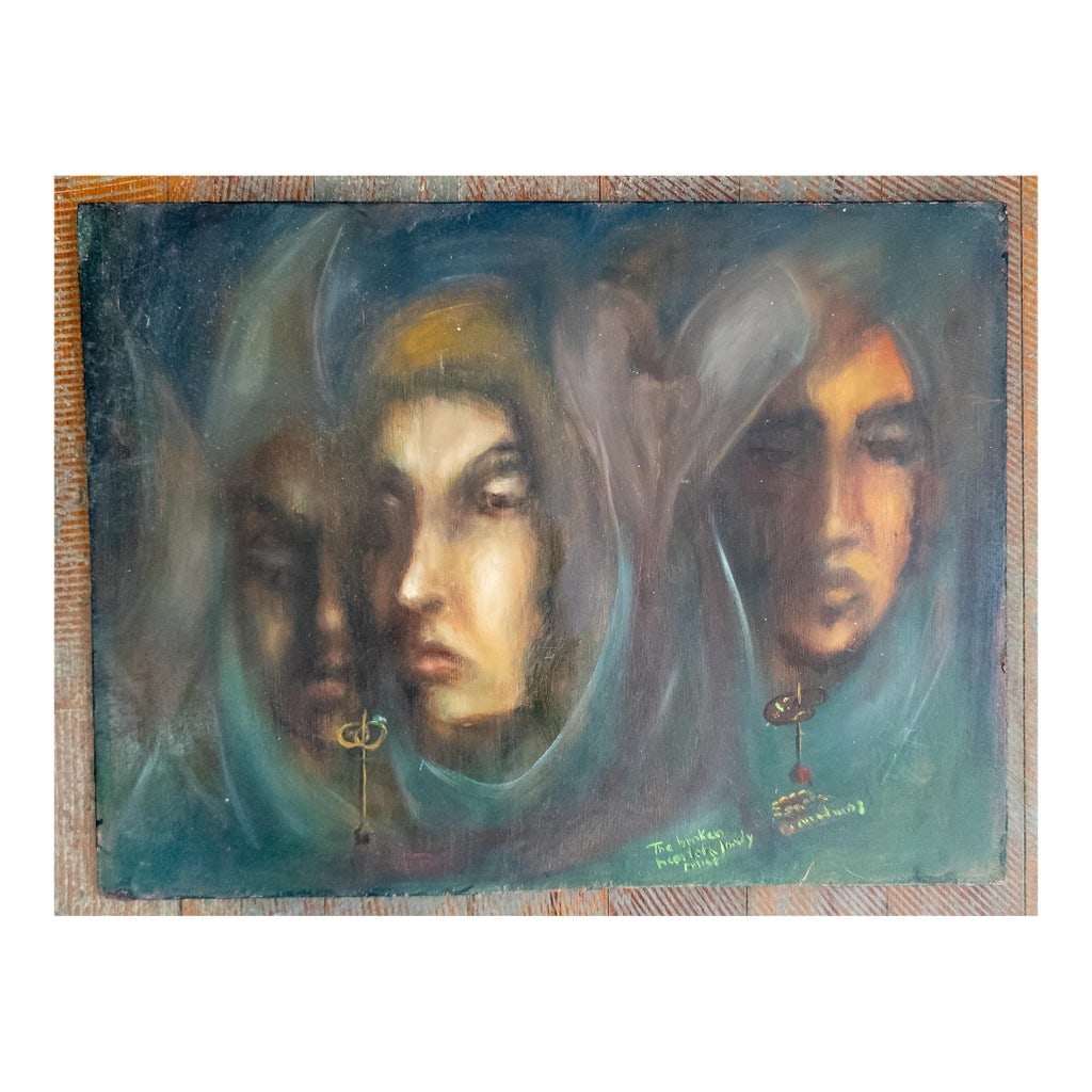 Mid-Century Impressionist Moody Painting of Three Occult Hooded Figures, Signed: WE are selling this interesting and slightly creepy Mid-Century painting. This painting is executed in oil on particle board. It features three occult looking figures in hoods in slight impressionist 