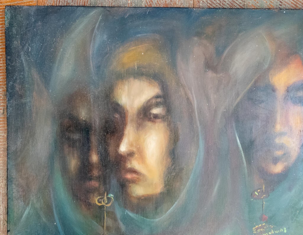 Mid-Century Impressionist Moody Painting of Three Occult Hooded Figures, Signed - 2