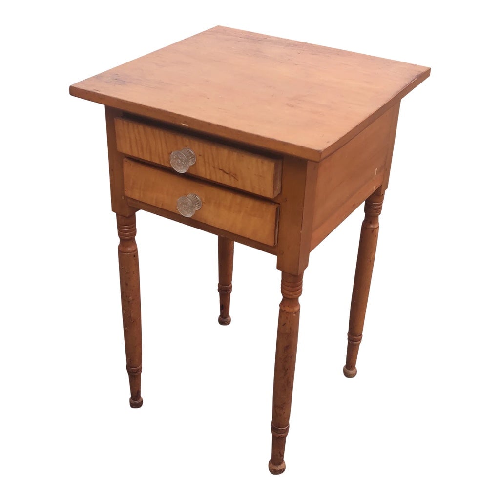 Early 20th Century Antique 2 Drawer Cherry Stand Side Table: 2 drawer drop leaf stand. Stand is made of cherry with pine secondary wood. Drawers are hand dovetailed construction. Condition: Alterations: Original Condition Unaltered Imperfections: Some