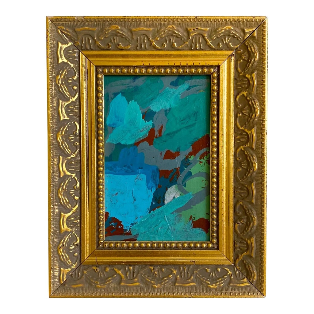 "Churning" Framed Mini Painting by Jessalin Beutler: Original painting by Jessalin Beutler, completed in 2025. Acrylic and collage on canvas wrapped board. Signed and dated on the back. Frame is made from vintage molding that has minor chipping and