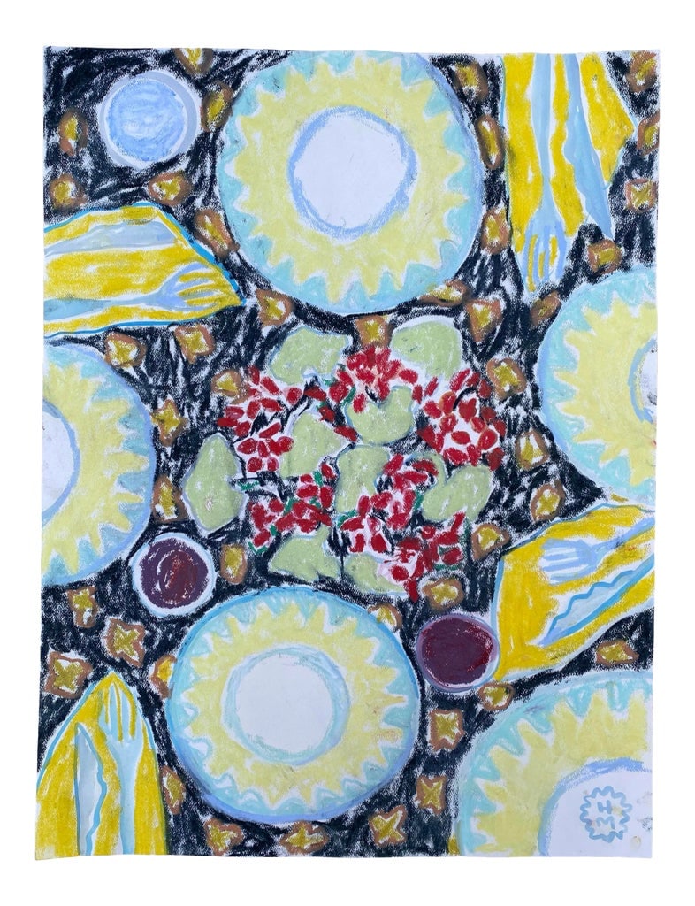 Happy Menocal "On the Table" Original Gouache and Pastel Work on Paper, Contemporary Illustration: "On the Table" Conceived and executed at home during the winter pandemic peak, Happy wanted to transport herself into the vibrant world of museums, dinner parties, city life, travel. She chose a