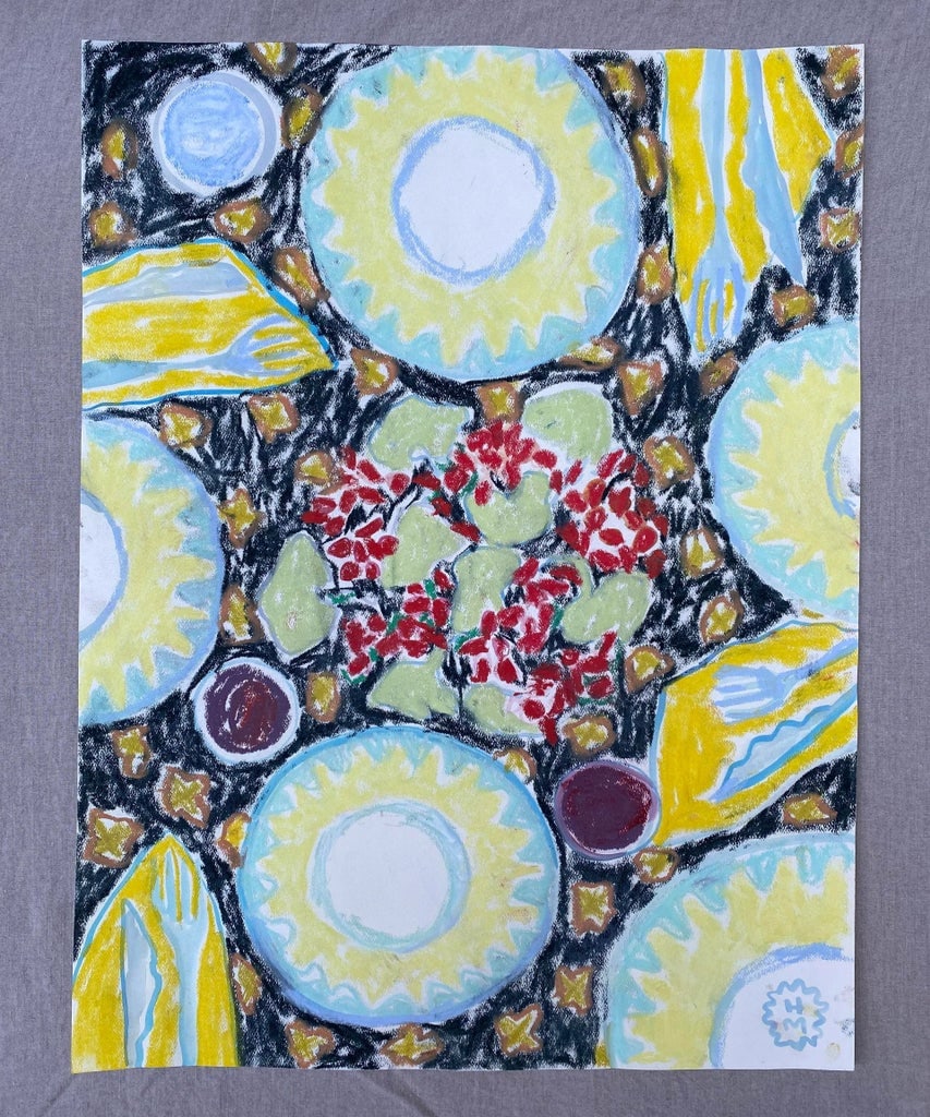 Happy Menocal "On the Table" Original Gouache and Pastel Work on Paper, Contemporary Illustration - 5