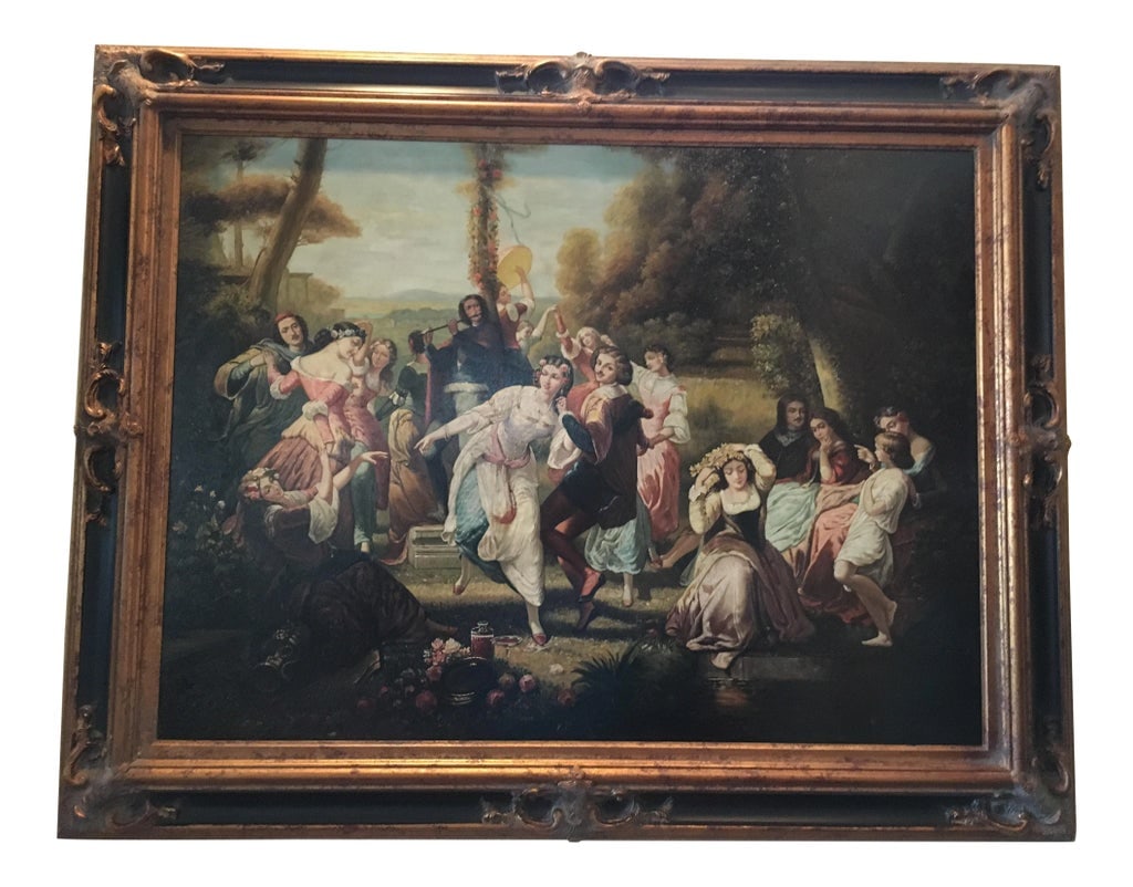Vintage Oil Painting Scene On The Palace Grounds: Oil painting scene on the palace grounds.The scene is a celebration with music and dance. The artist expresses the happiness and joy of the gathering. Condition: Condition Notes: Excellent - Minor wea