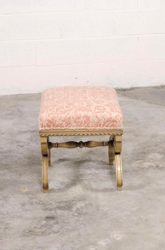 Vintage Italian Curule-Style Stool Newly Reupholstered in Fortuny Fabric - 2