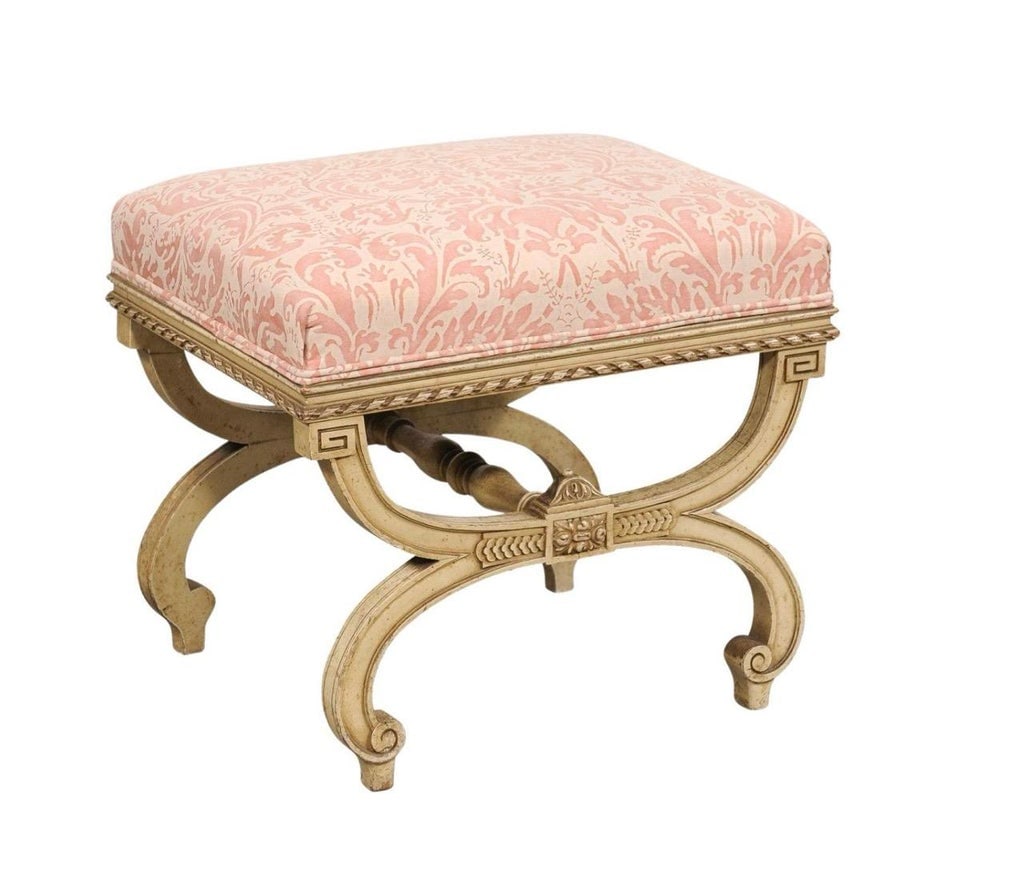 Vintage Italian Curule-Style Stool Newly Reupholstered in Fortuny Fabric - 3