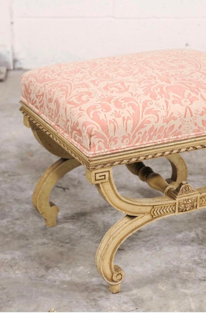 Vintage Italian Curule-Style Stool Newly Reupholstered in Fortuny Fabric - 4