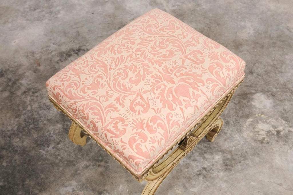Vintage Italian Curule-Style Stool Newly Reupholstered in Fortuny Fabric - 5
