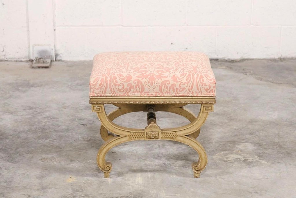 Vintage Italian Curule-Style Stool Newly Reupholstered in Fortuny Fabric - 7