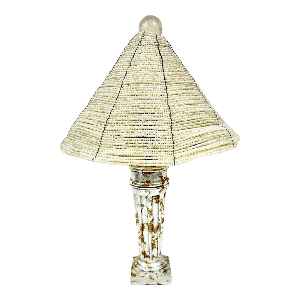 Vintage Silver Leaf and Beaded Table Lamp: Unusual vintage table lamp. The base is a distressed silver leaf. While the lamp shade is beaded. The lamps base color reads as silver while the lamp shade reads as silver/beige/white pearlescent. Lov