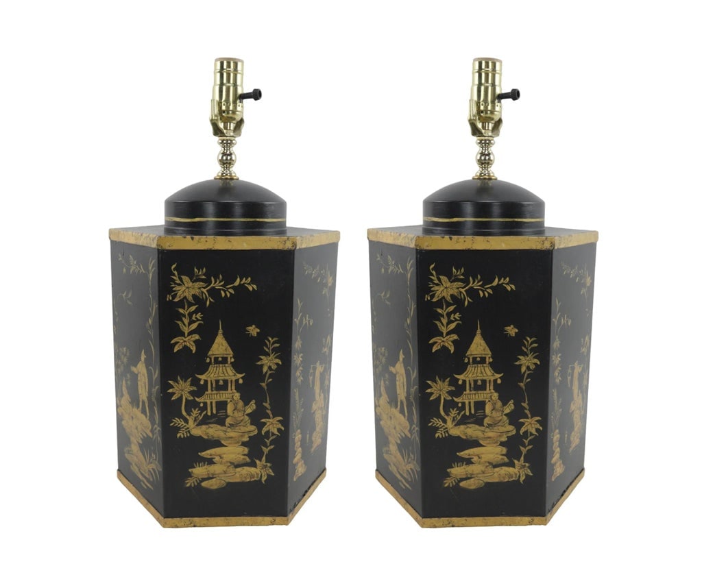 Pair of Black Vintage Export British Tea Cans Hand Painted Chinoiserie Hexagonal Table Lamps - 10