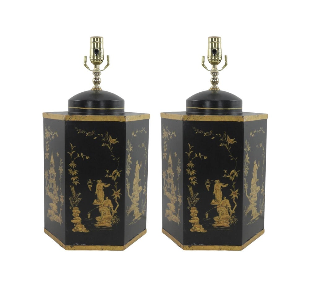 Pair of Black Vintage Export British Tea Cans Hand Painted Chinoiserie Hexagonal Table Lamps - 2