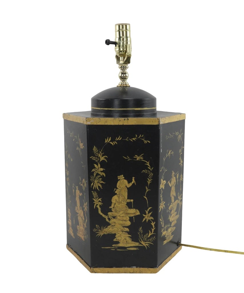 Pair of Black Vintage Export British Tea Cans Hand Painted Chinoiserie Hexagonal Table Lamps - 3