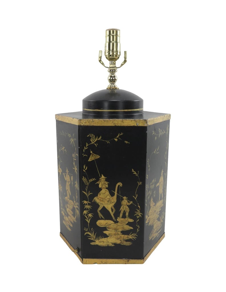 Pair of Black Vintage Export British Tea Cans Hand Painted Chinoiserie Hexagonal Table Lamps - 4