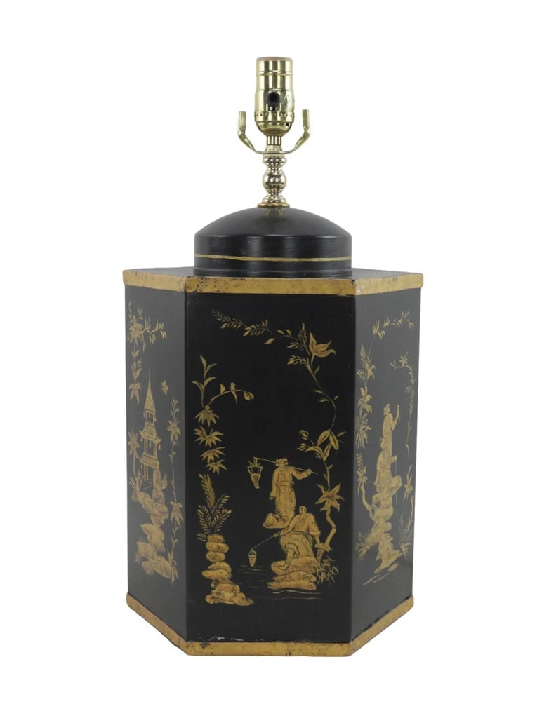Pair of Black Vintage Export British Tea Cans Hand Painted Chinoiserie Hexagonal Table Lamps - 5