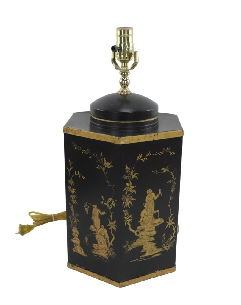 Pair of Black Vintage Export British Tea Cans Hand Painted Chinoiserie Hexagonal Table Lamps - 6