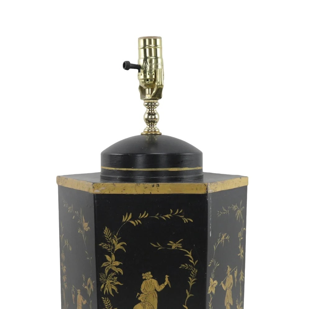 Pair of Black Vintage Export British Tea Cans Hand Painted Chinoiserie Hexagonal Table Lamps - 7