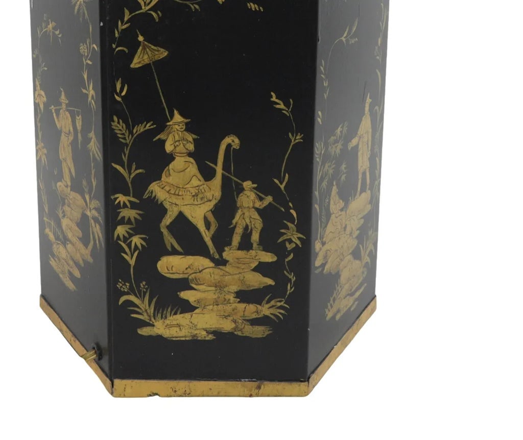 Pair of Black Vintage Export British Tea Cans Hand Painted Chinoiserie Hexagonal Table Lamps - 8