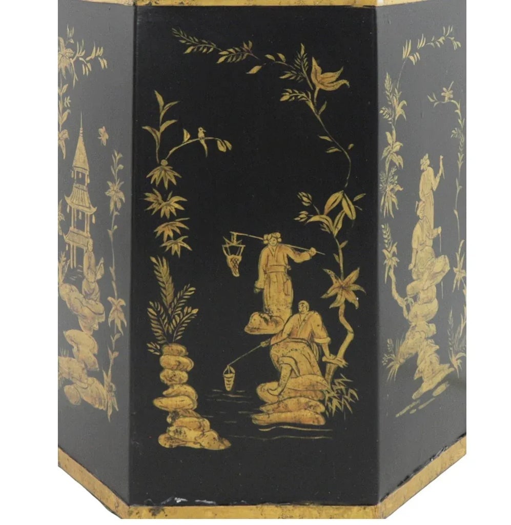 Pair of Black Vintage Export British Tea Cans Hand Painted Chinoiserie Hexagonal Table Lamps - 9