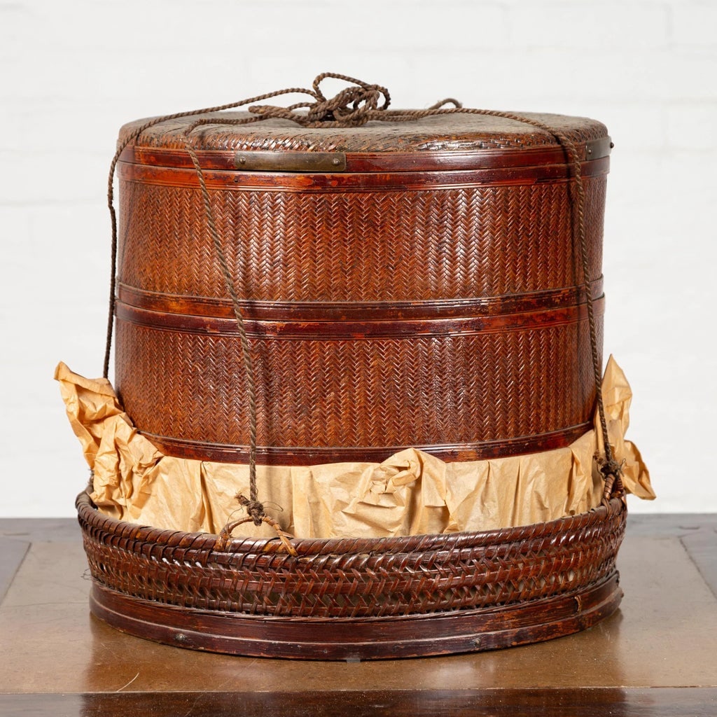Chinese 19th Century Tiered Food Basket with Stacking Parts, Paper and Rope Ties - 2