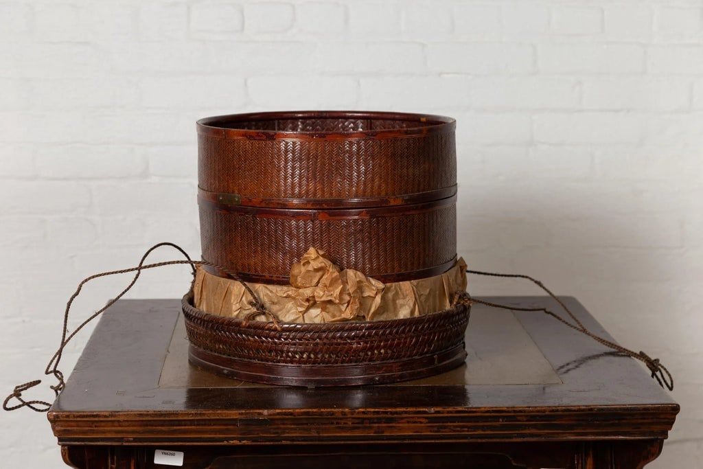 Chinese 19th Century Tiered Food Basket with Stacking Parts, Paper and Rope Ties - 3