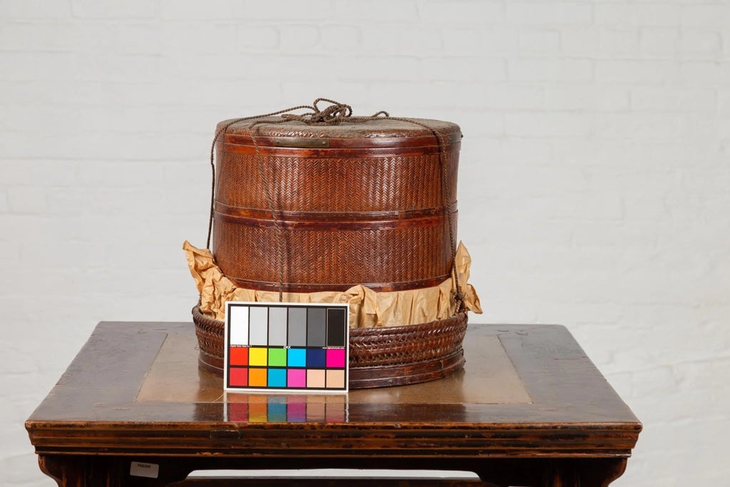 Chinese 19th Century Tiered Food Basket with Stacking Parts, Paper and Rope Ties - 5