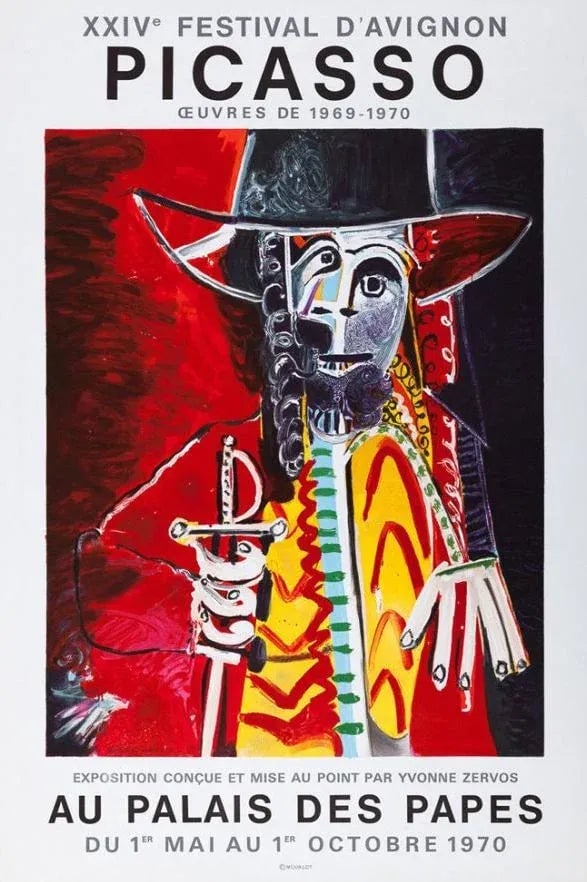Pablo Picasso XXIV Festival D' Avignon Poster: Pablo Picasso, XXIV Festival d' Avignon Lithograph Poster, 1970. Limited edition of 10,000. This served as a poster to advertise the Festival. Unframed and in mint condition. It has been stored in a