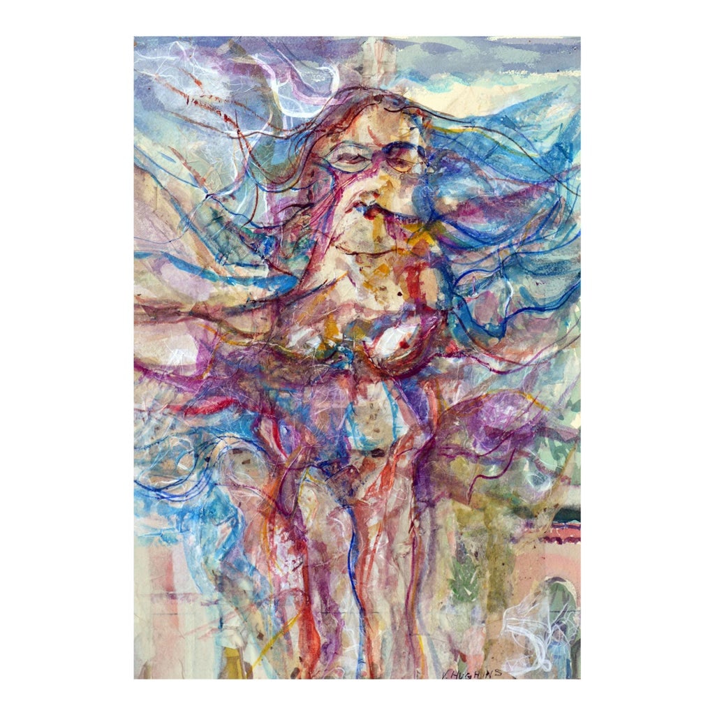 Nature Woman Nude Figurative by Virginia J Hughins: Wonderful abstracted nude, a watercolor painting by California artist Virginia Hughins (Virginia Brubaker DeWolf), (American, 1923-2004). Singed "V. Hughins" lower right. Unframed. Image size, 17"H x 