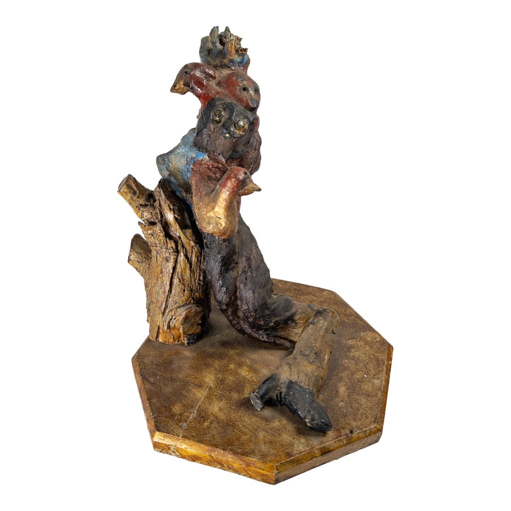 19th Century Primitive Tramp Folk Art Polychrome Driftwood Rootwood Figure: We are selling this great primitive folk art sculpture. This sculpture appears to be made from found rootwood or driftwood then painted. Looks almost like a monkey with some birds. The figure is