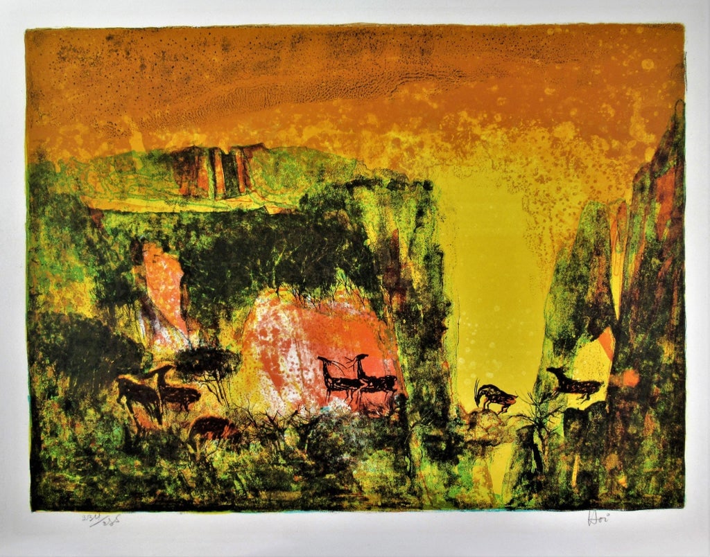 Hoi Lebadang, Landscape with Deer Herds, Circa 1970: This artwork "Landscape with Deer Herds" c.1970 is an original color lithograph by French/Vietnamese artist Hoi Lebadang, 1922-2015. It is hand signed and numbered 234/245 in pencil by the artist.