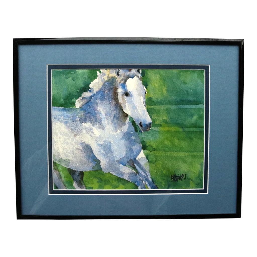Outsider Folk Art Dapple-Gray Horse Portrait Watercolor by Ron Krajewski: This beautiful and colorful watercolor is of a dapple-gray horse running in a field. I absolutely love the colors Ron used and the beauty he captured of the horse. This painting would look right at