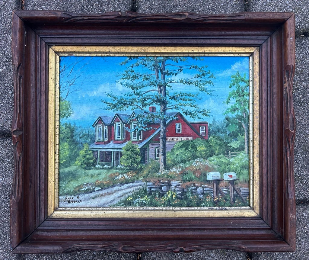 Vintage Oil Painting of a Riverside Lodge in Canada in Victorian Shadowbox Frame - 2