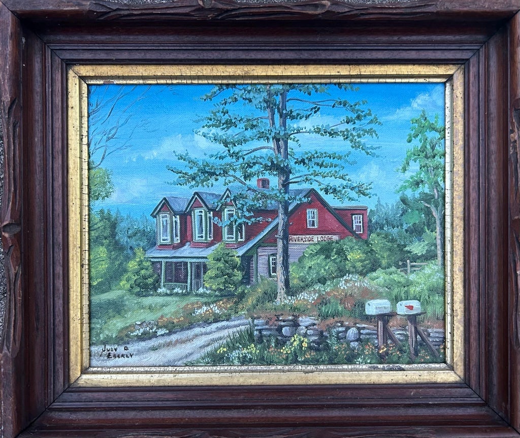 Vintage Oil Painting of a Riverside Lodge in Canada in Victorian Shadowbox Frame - 3