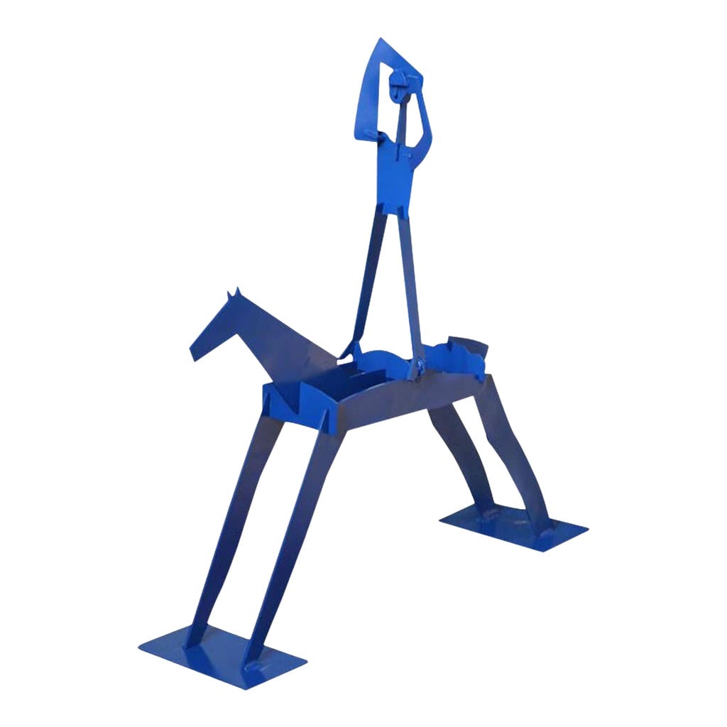 2009 Blue Metal Painted Sculpture, the Horse and Rider. Seeking Beyond, Signed.: This remarkable 2009 blue metal paint sculpture, "The Horse & Rider, Seeking Beyond," brings the ancient relationship of man to horse into the modern style. The majesty and power of the horse allow