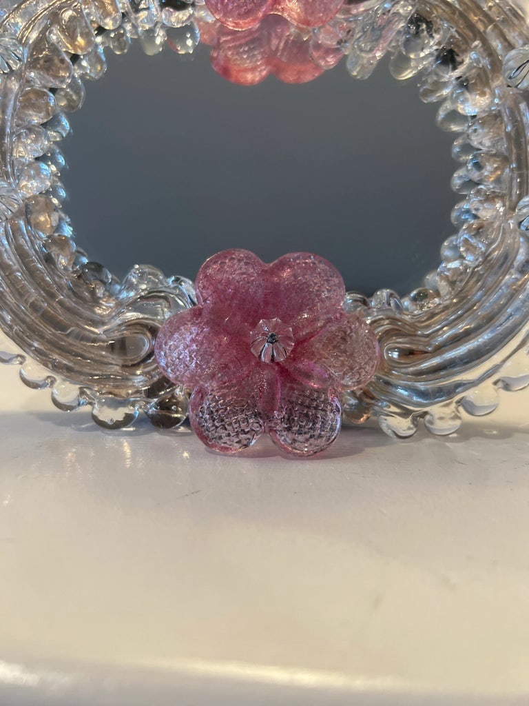 Vintage Pink Floral and Gold Leaf Venetian Glass Mirror - Wall or Table Top - 3