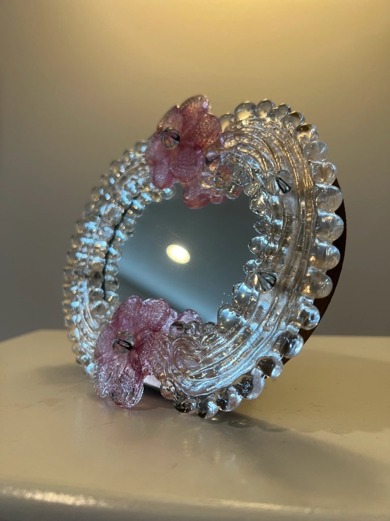 Vintage Pink Floral and Gold Leaf Venetian Glass Mirror - Wall or Table Top - 4