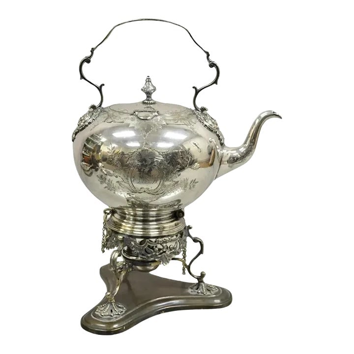 Late 19th Century James Dixon & Sons Sheffield Victorian Silver Plated Tilting Coffee Tea Pot: James Dixon & Sons Sheffield Victorian Silver Plated Tilting Coffee Tea Pot. Item features "B from H" Monogram to front of pot. Circa Late 19th Century. Measurements: 15" H x 10.5" W x 9" D.