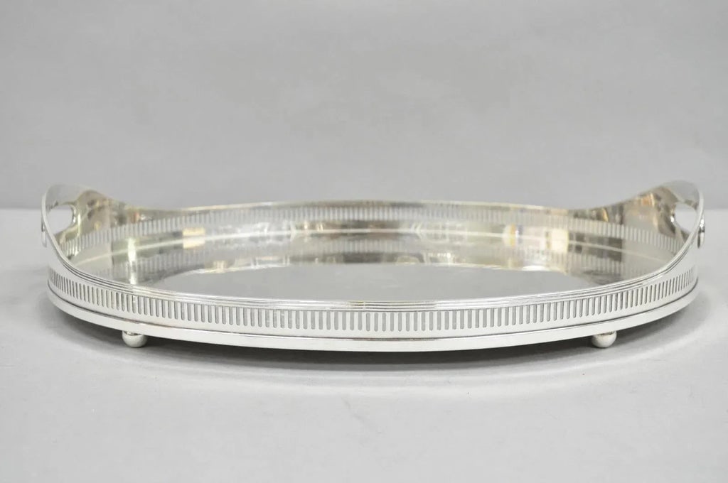 Antique English Sheffield Edwardian Silver Plated Oval Bar Tray With Gallery - 12